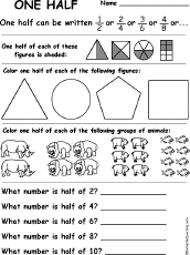 One Half Fractions Worksheet