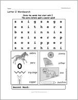Letter Z Wordsearch