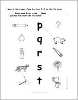 Match the Lower Case Letters P-T to the Pictures