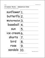 10 Summer Words - Alphabetical Order Worksheet (#2)