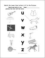 Match the Lower Case Letters U-Z to the Pictures