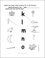 Match the Lower Case Letters K-O to the Pictures
