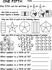 One Fifth Fractions Worksheet