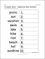 10 Summer Words - Alphabetical Order Worksheet
