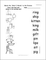 Match the 'Short I Words' to the Pictures