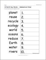 10 Earth Day Words - Alphabetical Order