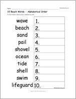 10 Beach Words - Alphabetical Order