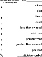 Match Math Symbol Words and Pictures