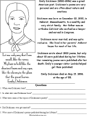 Emily Dickinson Biography/Questions Worksheet