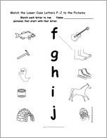 Match the Lower Case Letters F-J to the Pictures