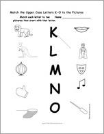 Match the Upper Case Letters K-O to the Pictures