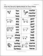 Circle the Correctly-Spelled Words for Farm Animals
