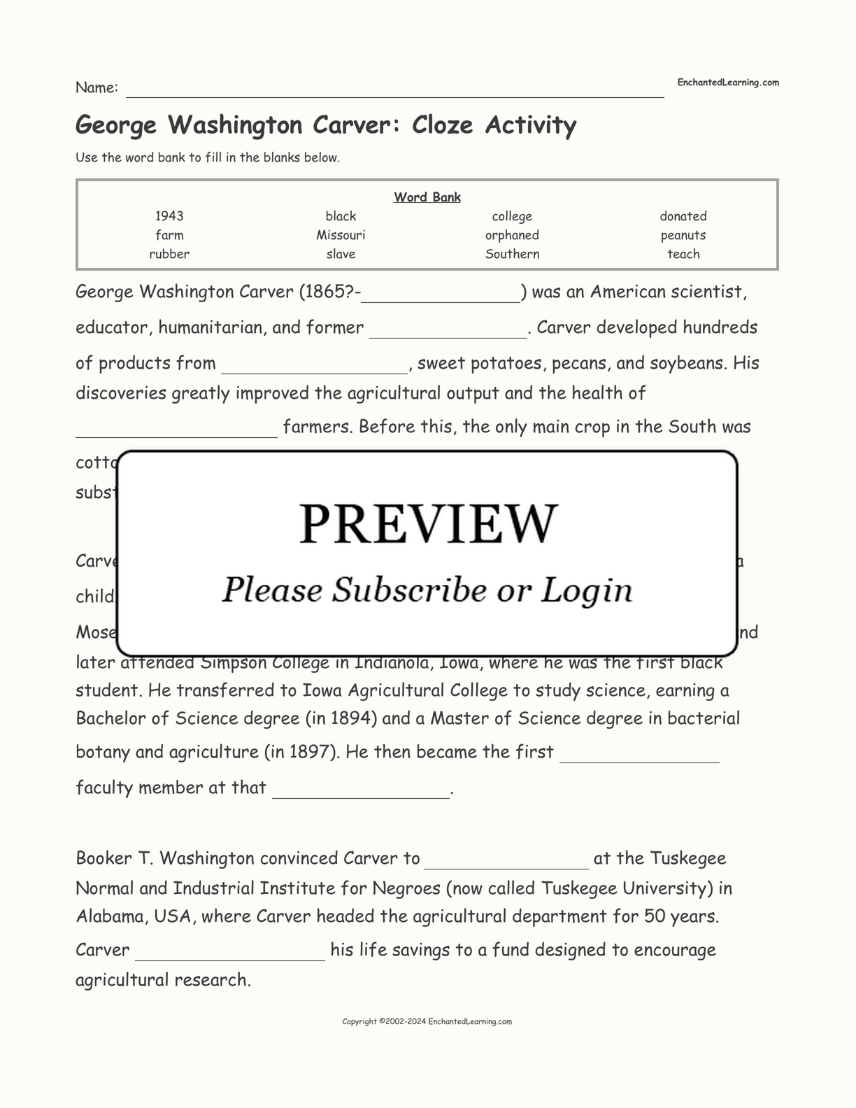 George Washington Carver: Cloze Activity interactive worksheet page 1