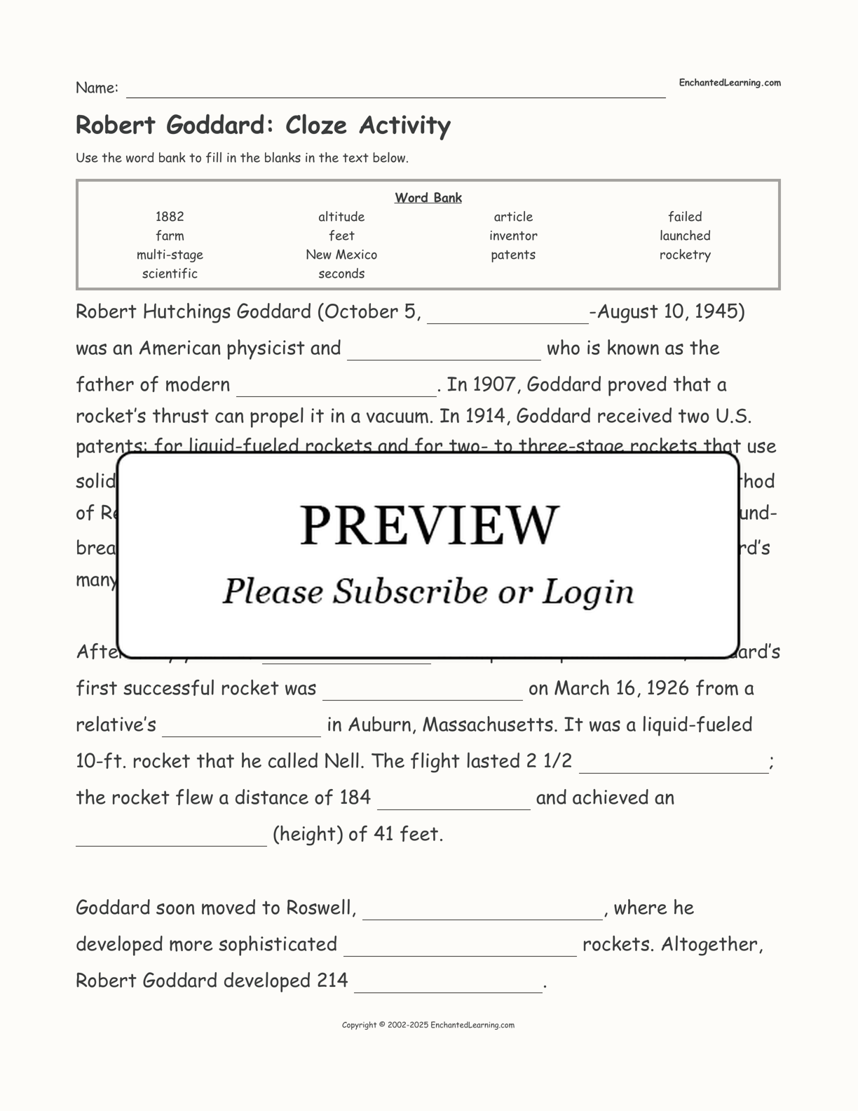 Robert Goddard: Cloze Activity interactive worksheet page 1