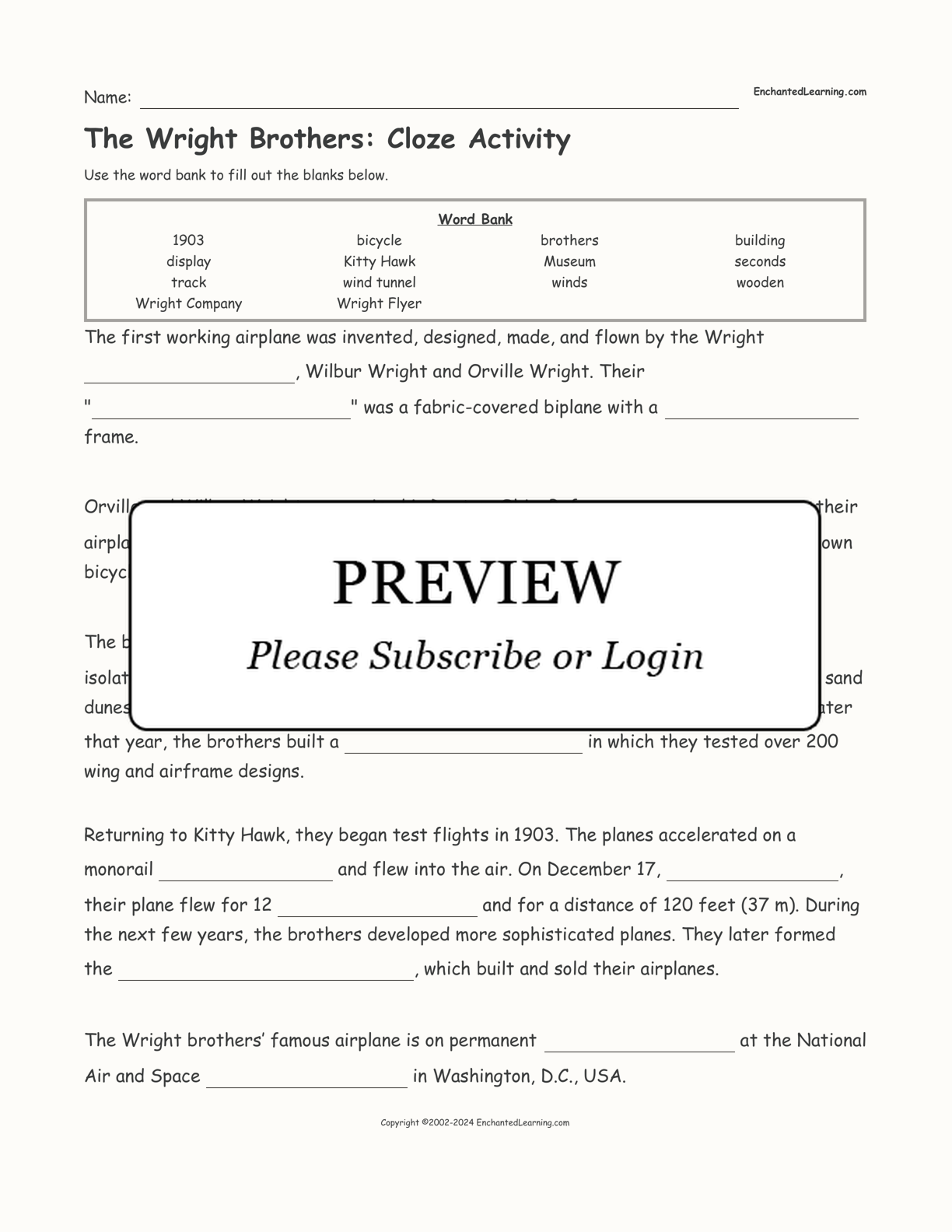 The Wright Brothers: Cloze Activity interactive worksheet page 1