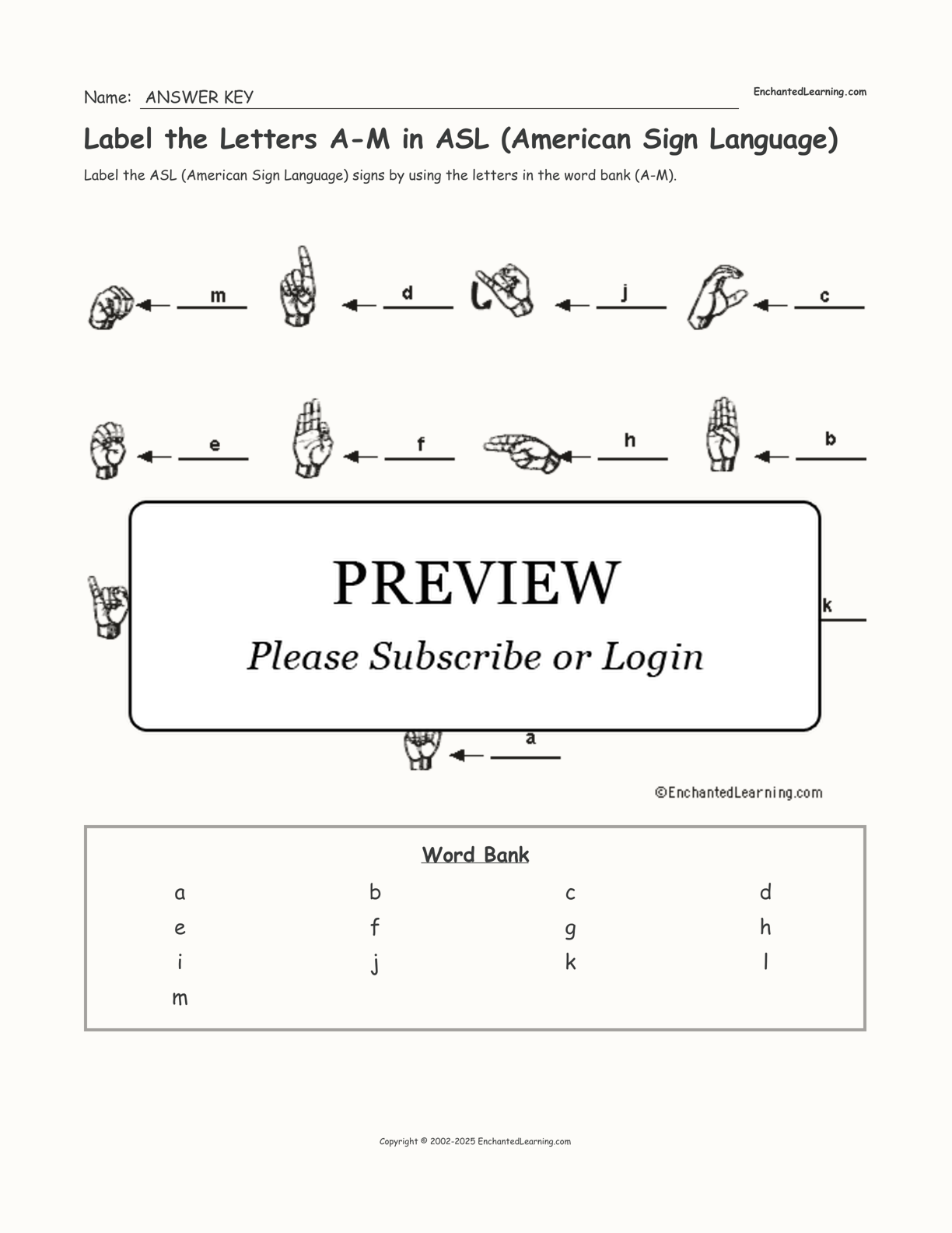 Label the Letters A-M in ASL (American Sign Language) interactive worksheet page 2