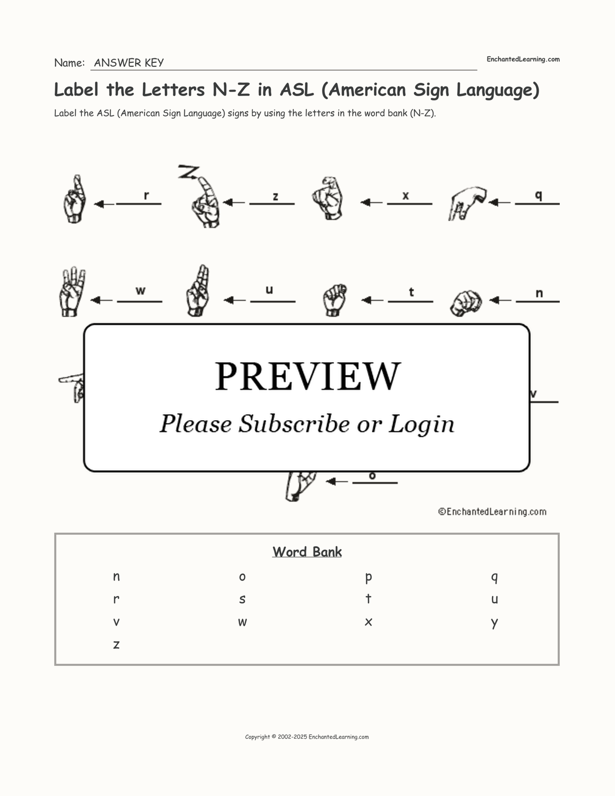 Label the Letters N-Z in ASL (American Sign Language) interactive worksheet page 2