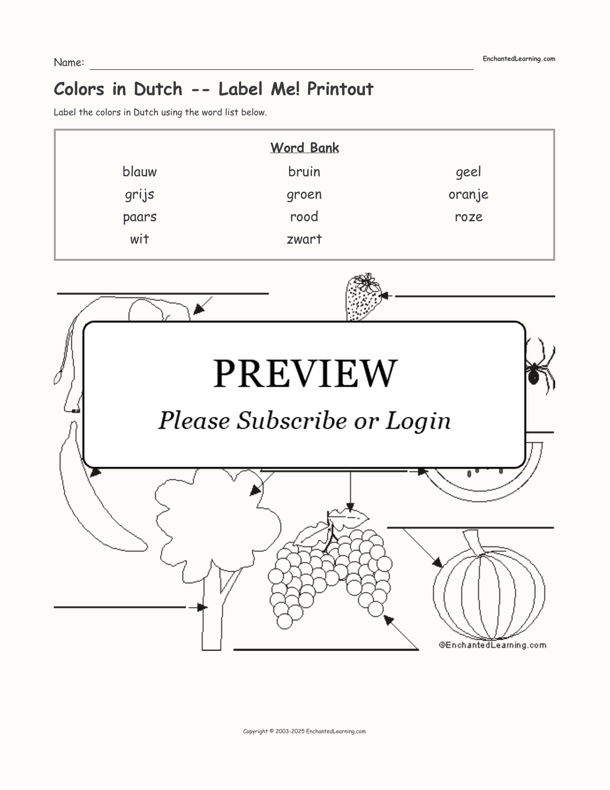 Colors in Dutch -- Label Me! Printout interactive worksheet page 1