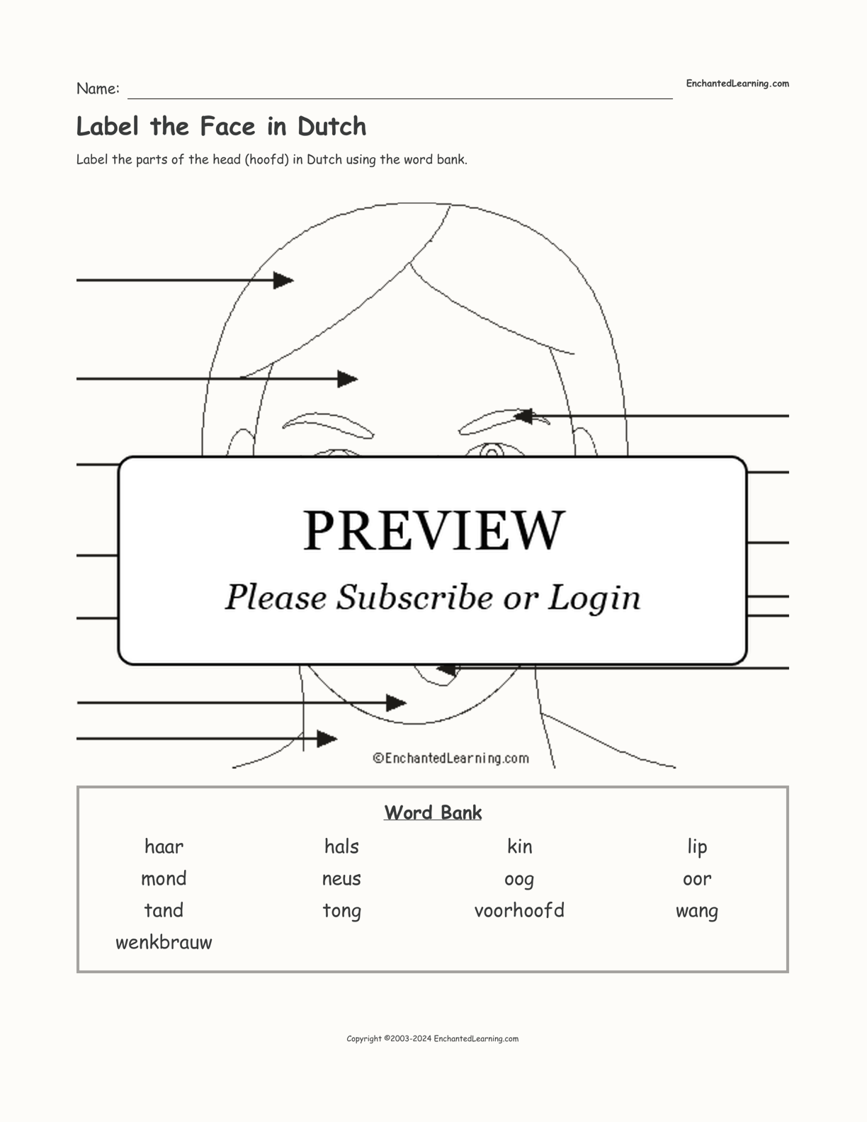 Label the Face in Dutch interactive worksheet page 1