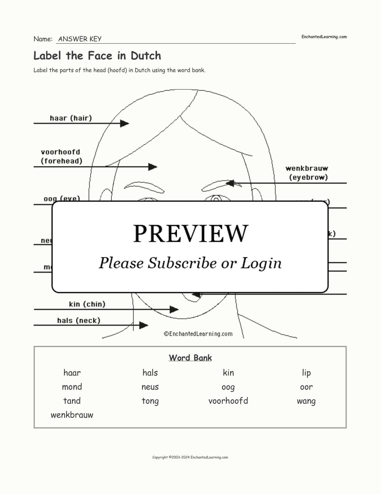 Label the Face in Dutch interactive worksheet page 2