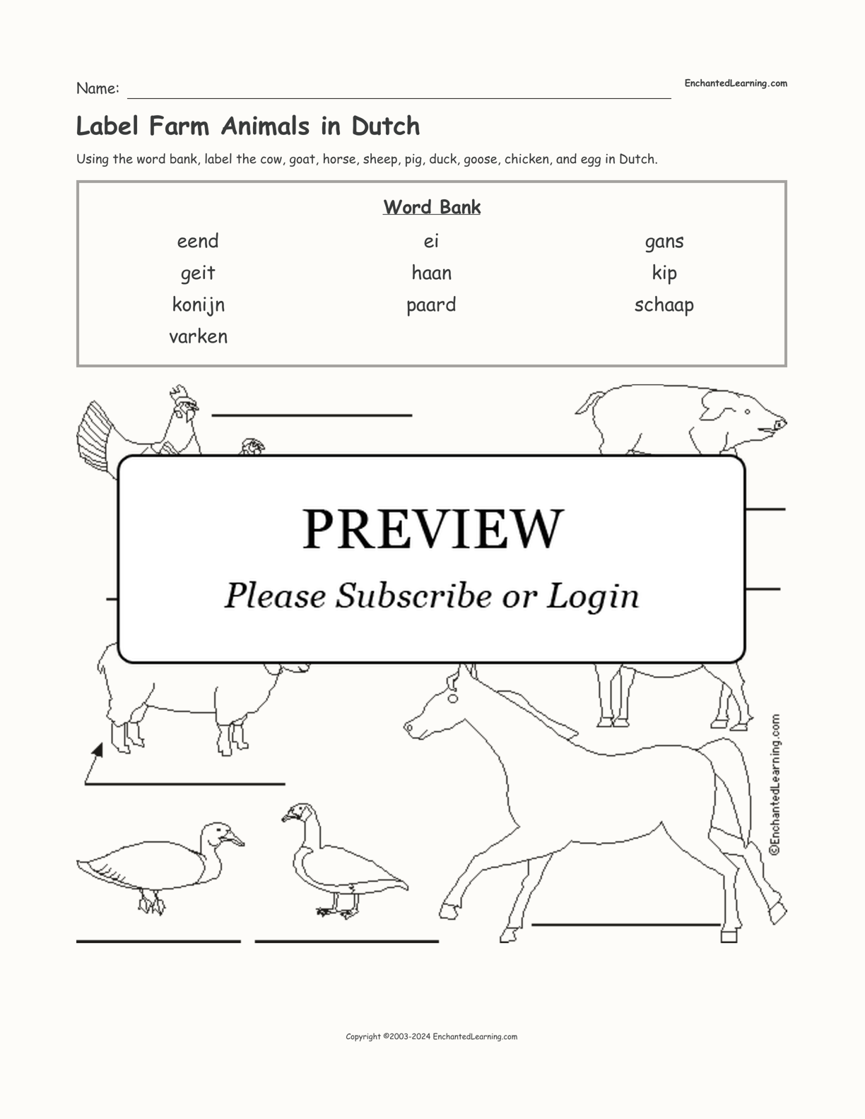 Label Farm Animals in Dutch interactive worksheet page 1