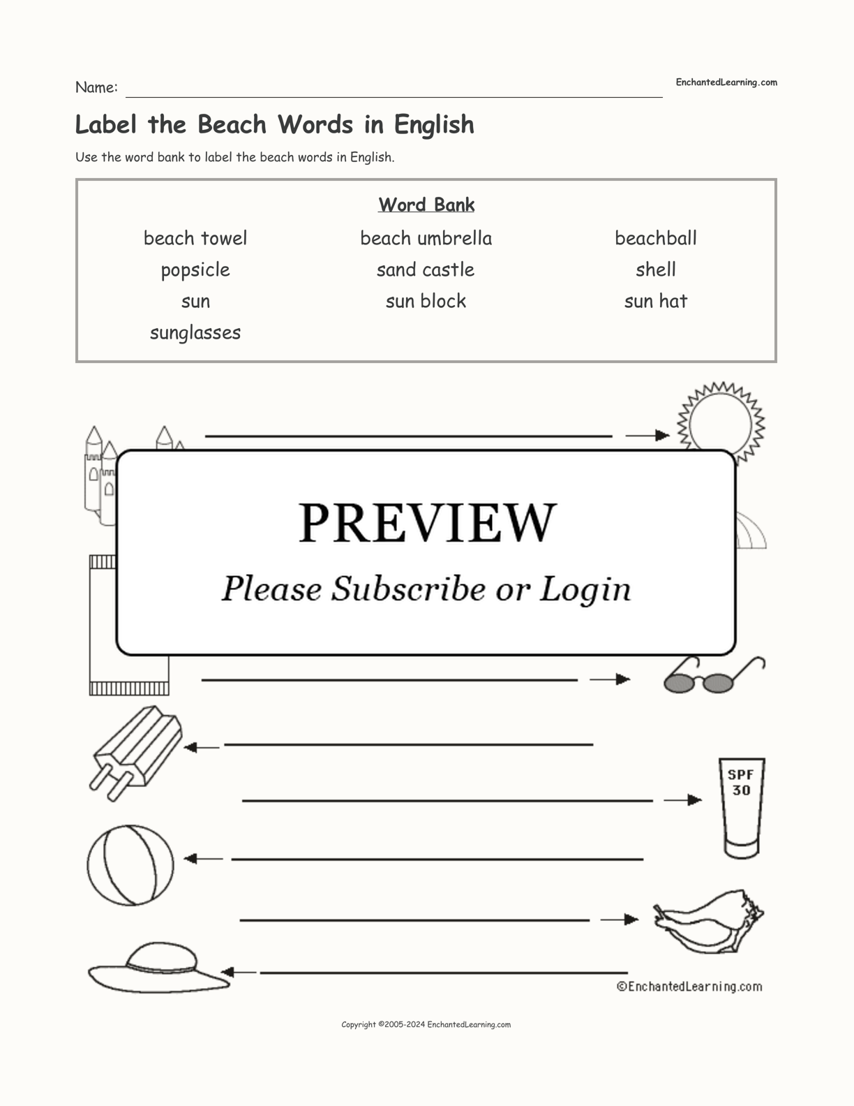 Label the Beach Words in English interactive worksheet page 1