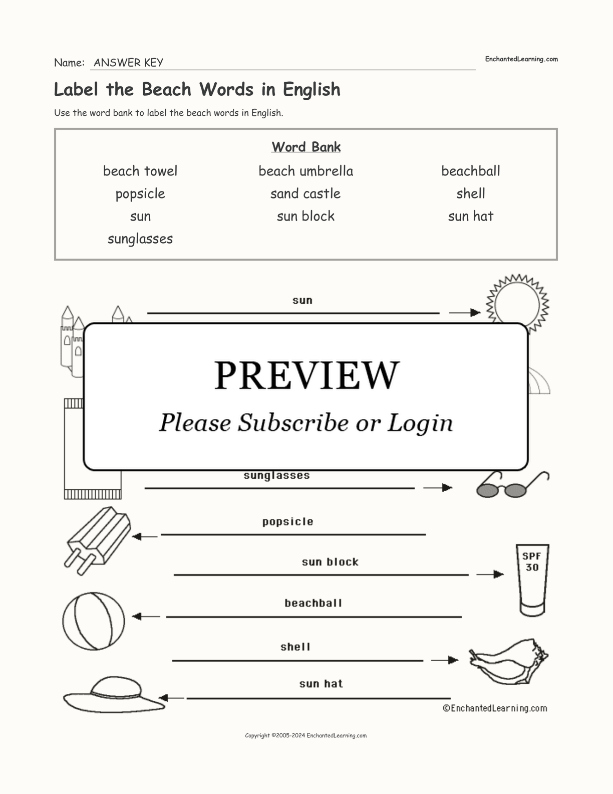 Label the Beach Words in English interactive worksheet page 2