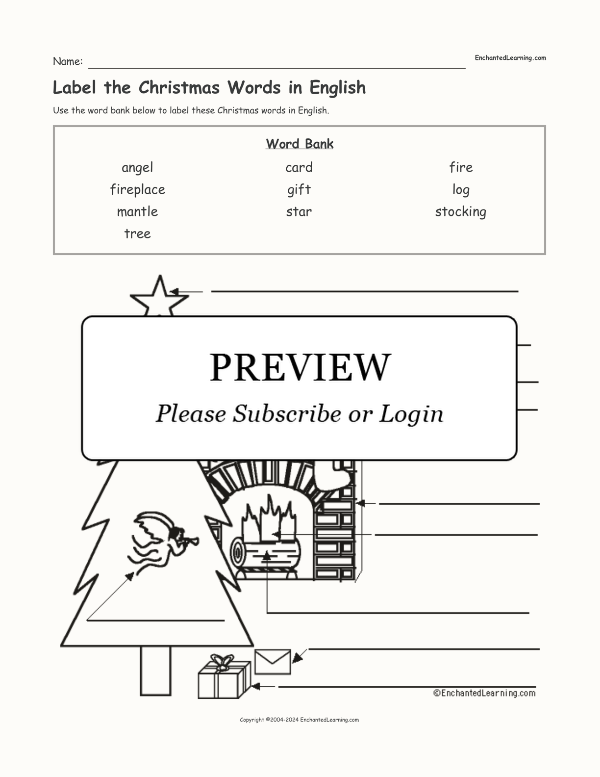 Label the Christmas Words in English interactive worksheet page 1