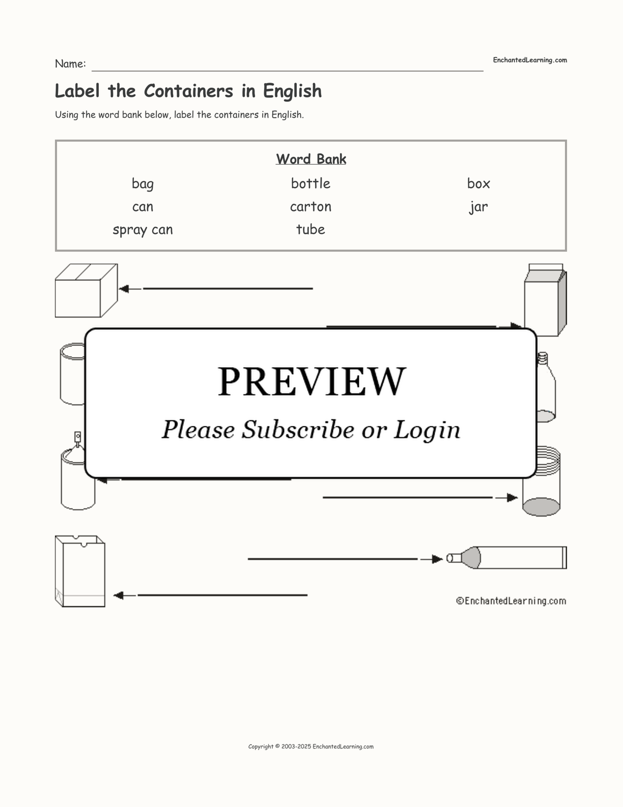 Label the Containers in English interactive worksheet page 1