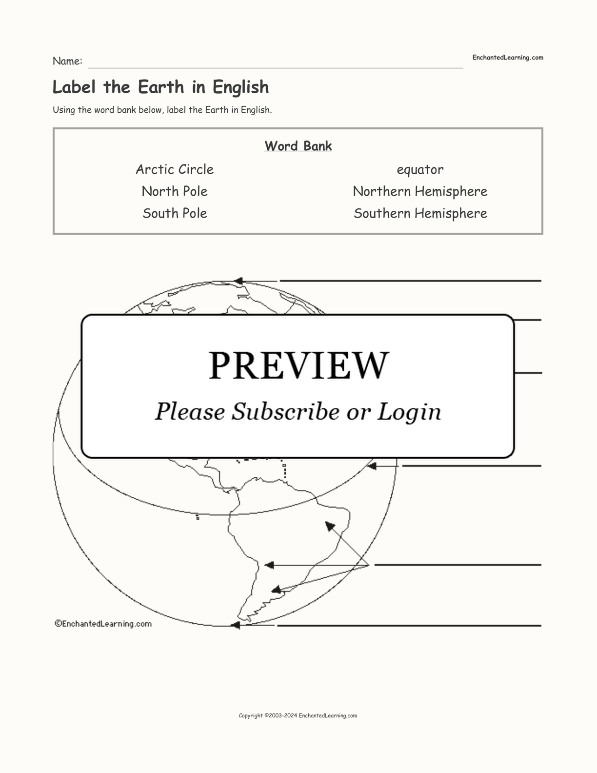 Label the Earth in English interactive worksheet page 1