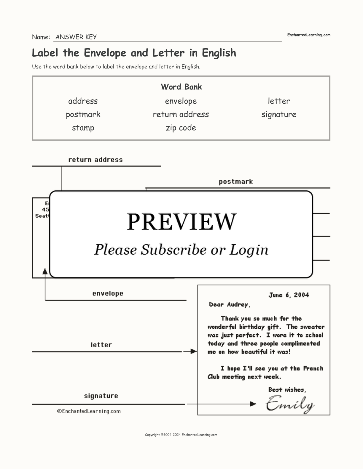 Label the Envelope and Letter in English interactive worksheet page 2