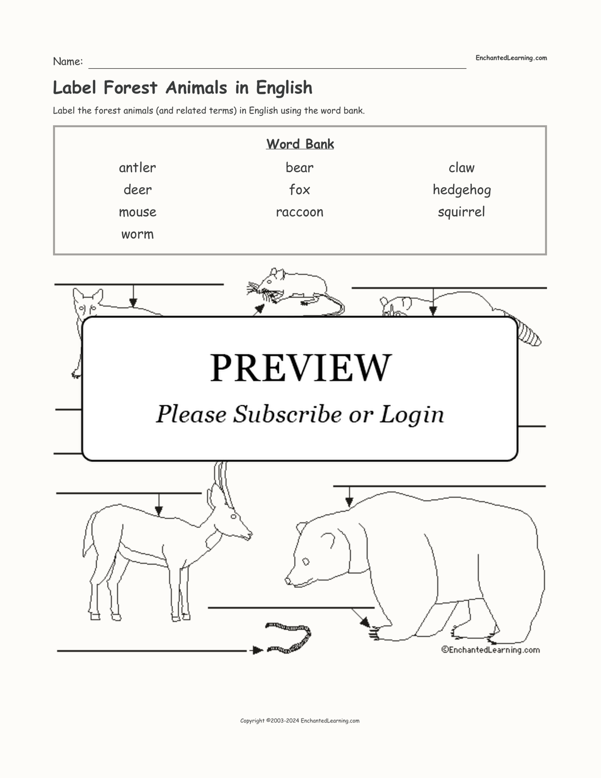 Label Forest Animals in English interactive worksheet page 1
