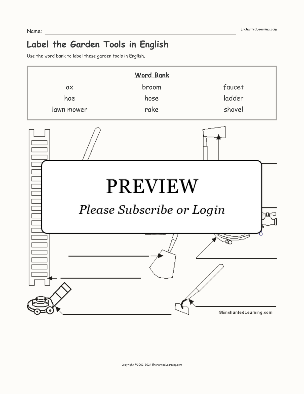 Label the Garden Tools in English interactive worksheet page 1