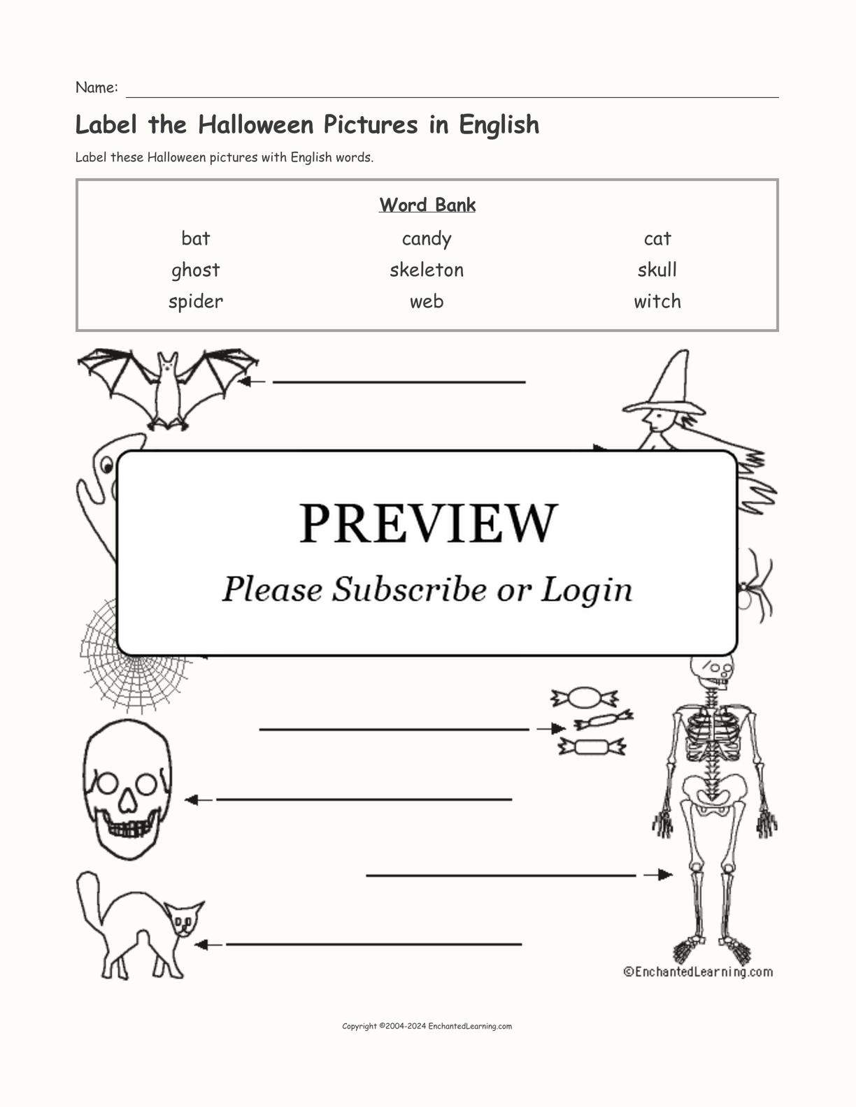 Label the Halloween Pictures in English interactive worksheet page 1