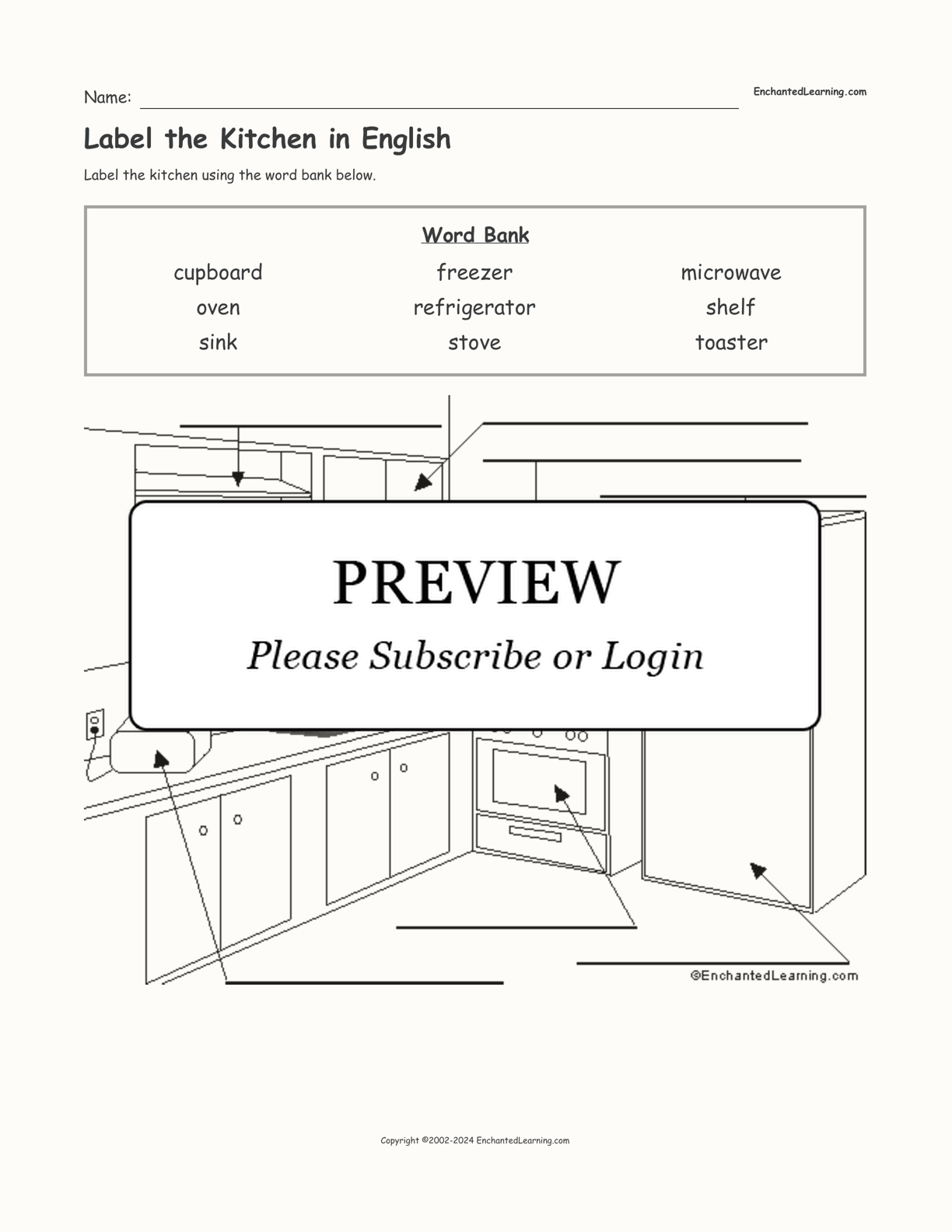 Label the Kitchen in English interactive worksheet page 1