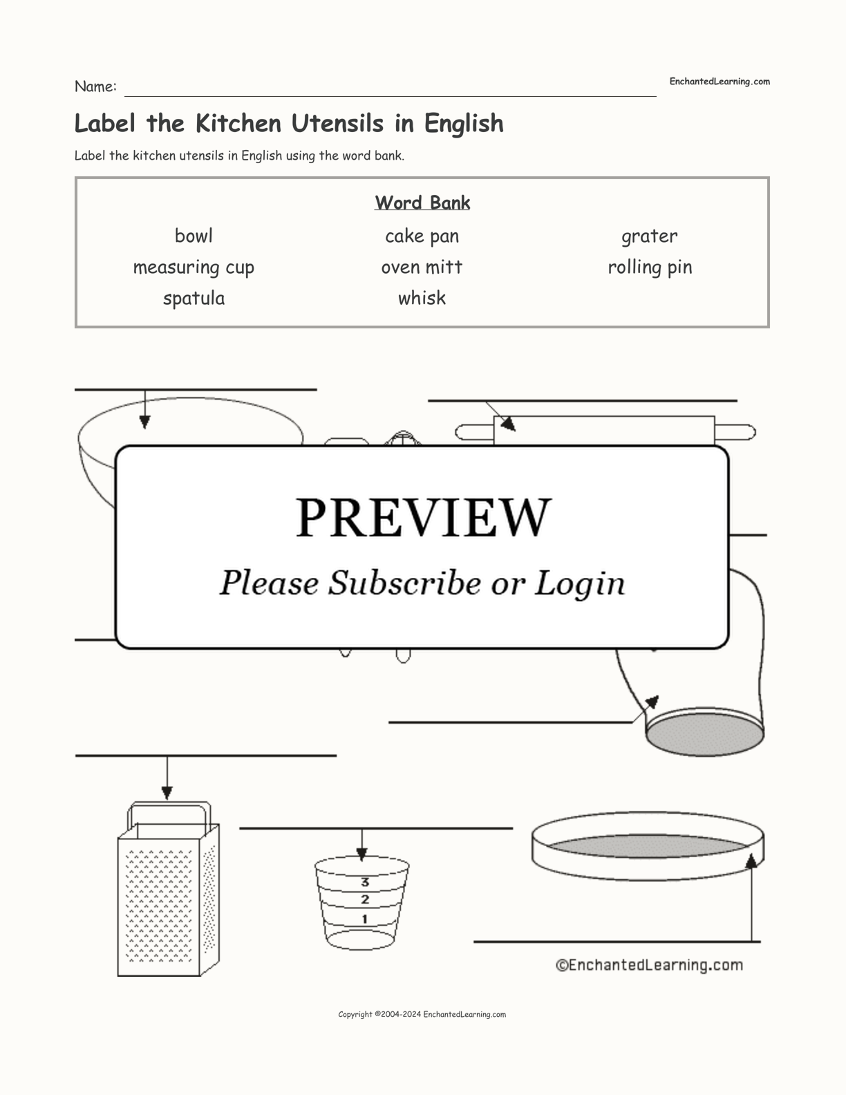 Label the Kitchen Utensils in English interactive worksheet page 1