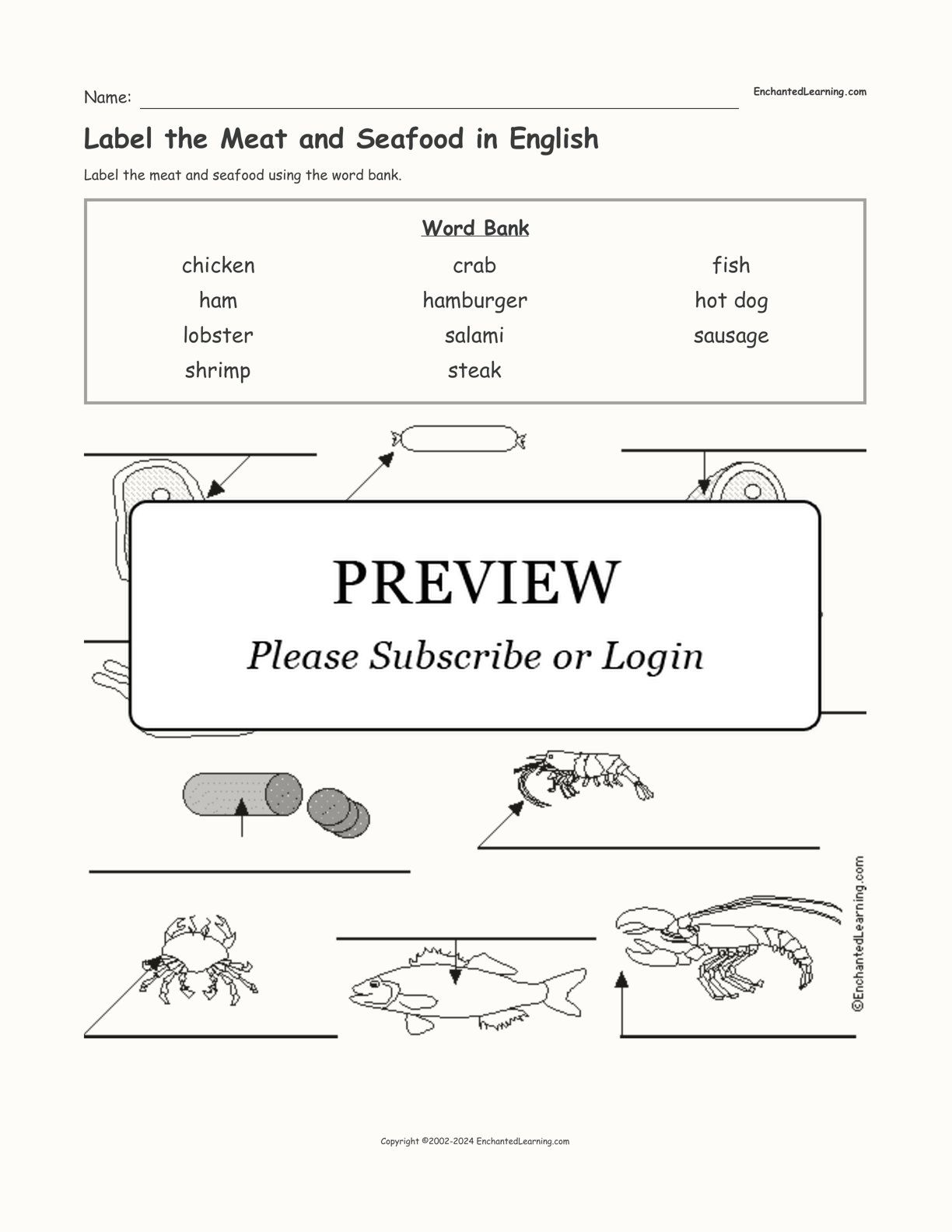 Label the Meat and Seafood in English interactive worksheet page 1