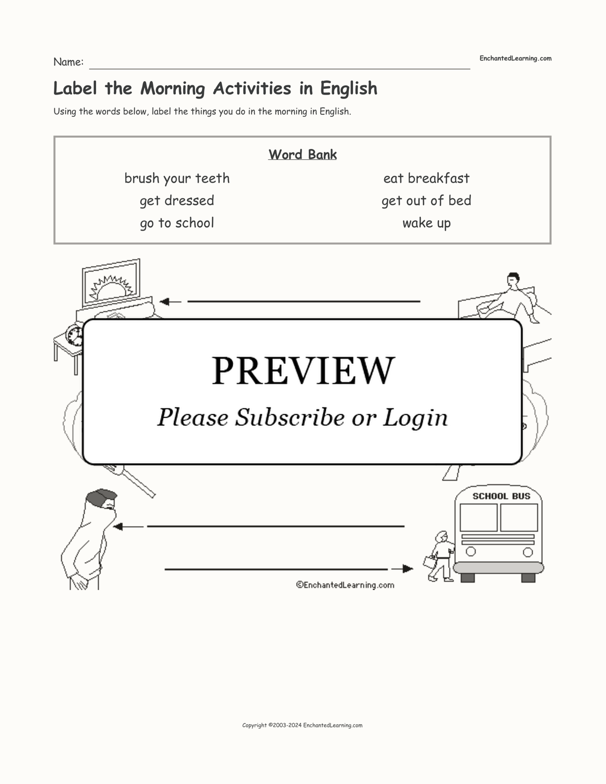 Label the Morning Activities in English interactive worksheet page 1