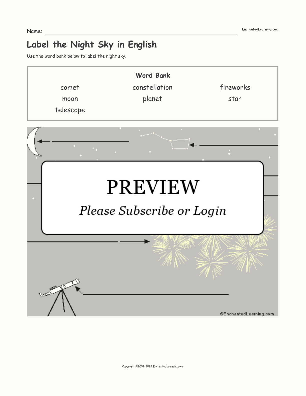 Label the Night Sky in English interactive worksheet page 1