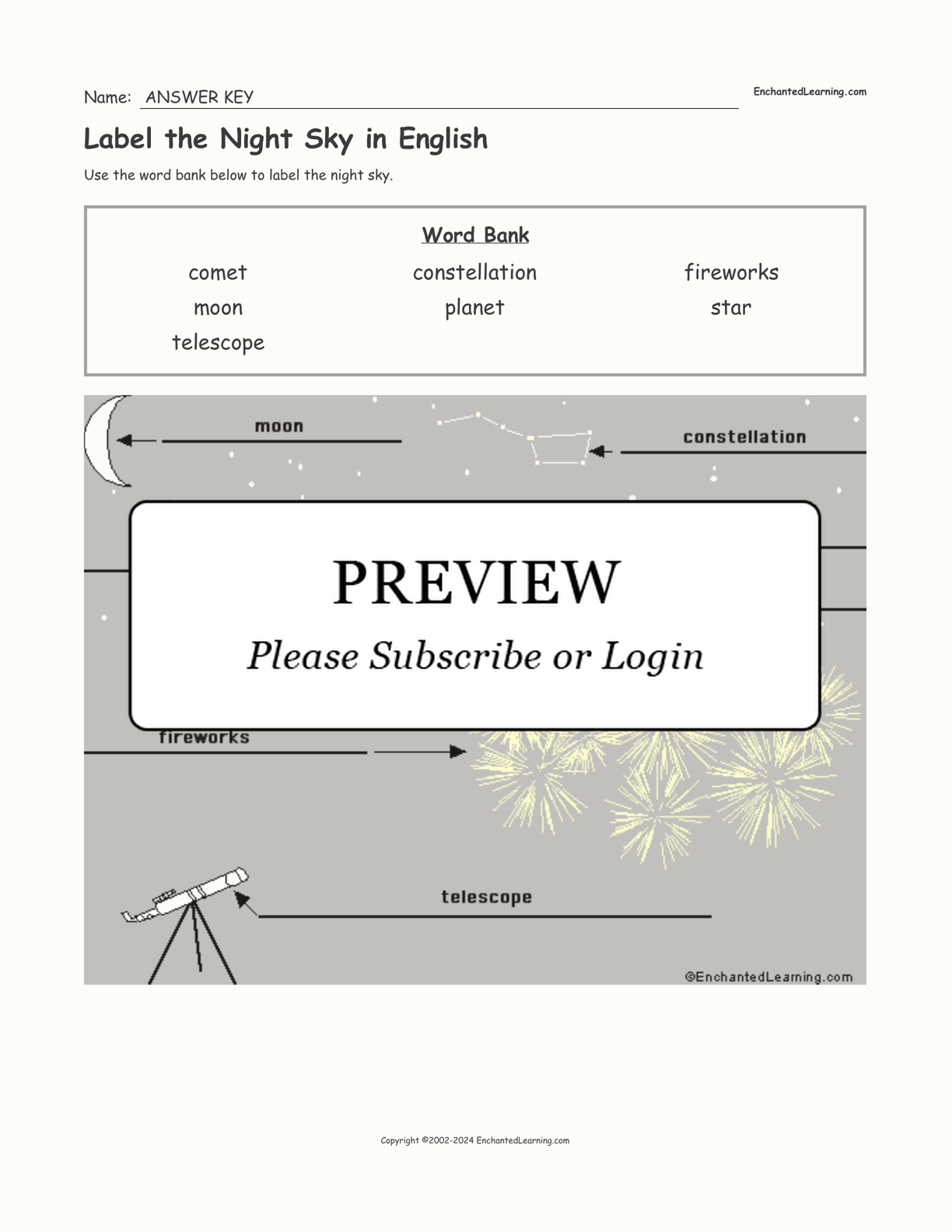 Label the Night Sky in English interactive worksheet page 2