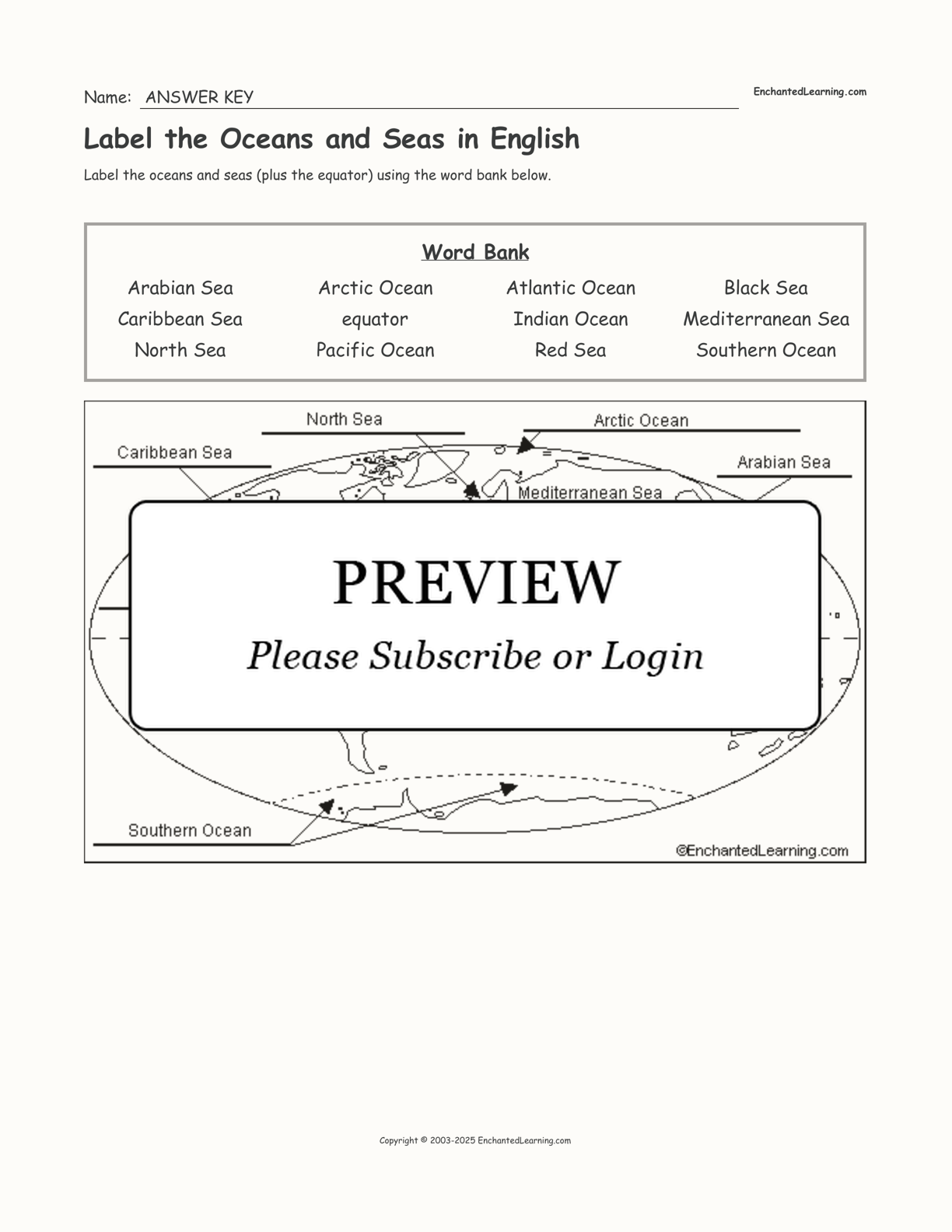 Label the Oceans and Seas in English interactive worksheet page 2