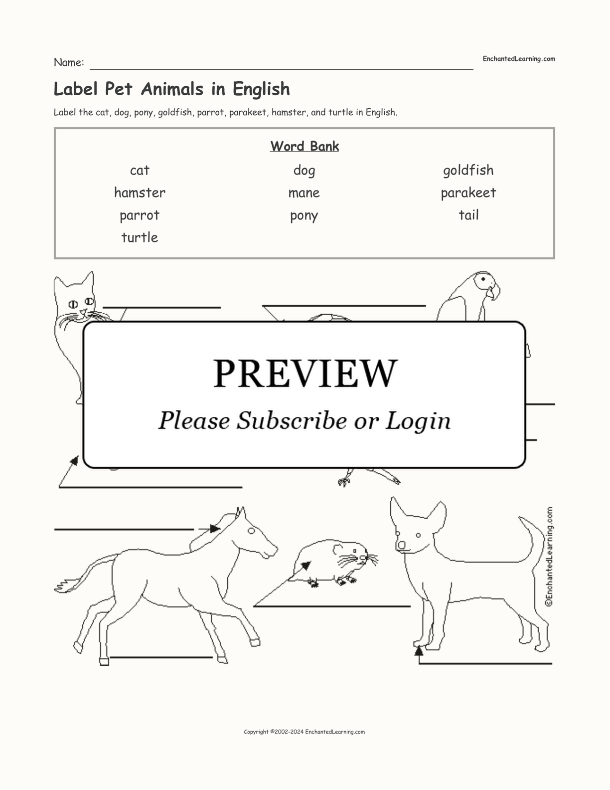 Label Pet Animals in English interactive worksheet page 1