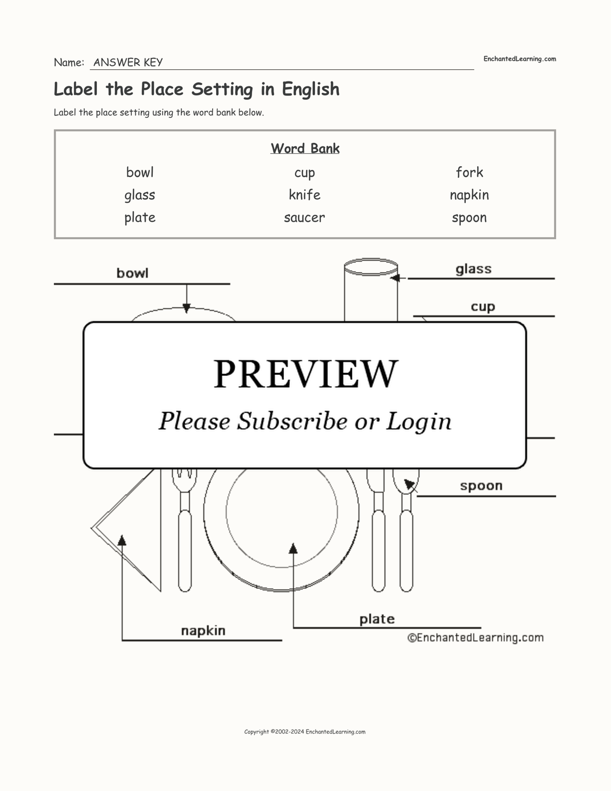 Label the Place Setting in English interactive worksheet page 2