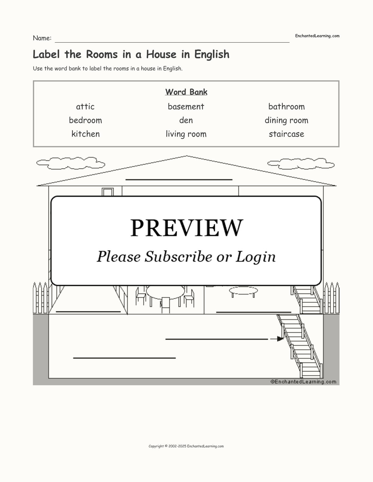 Label the Rooms in a House in English interactive worksheet page 1