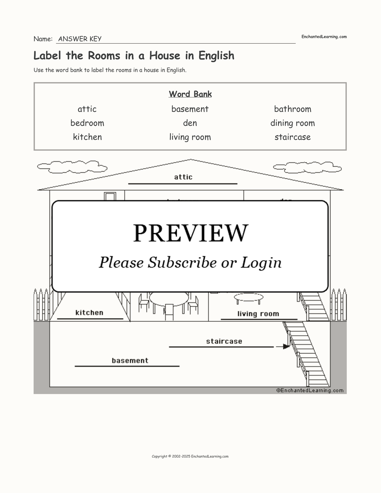 Label the Rooms in a House in English interactive worksheet page 2