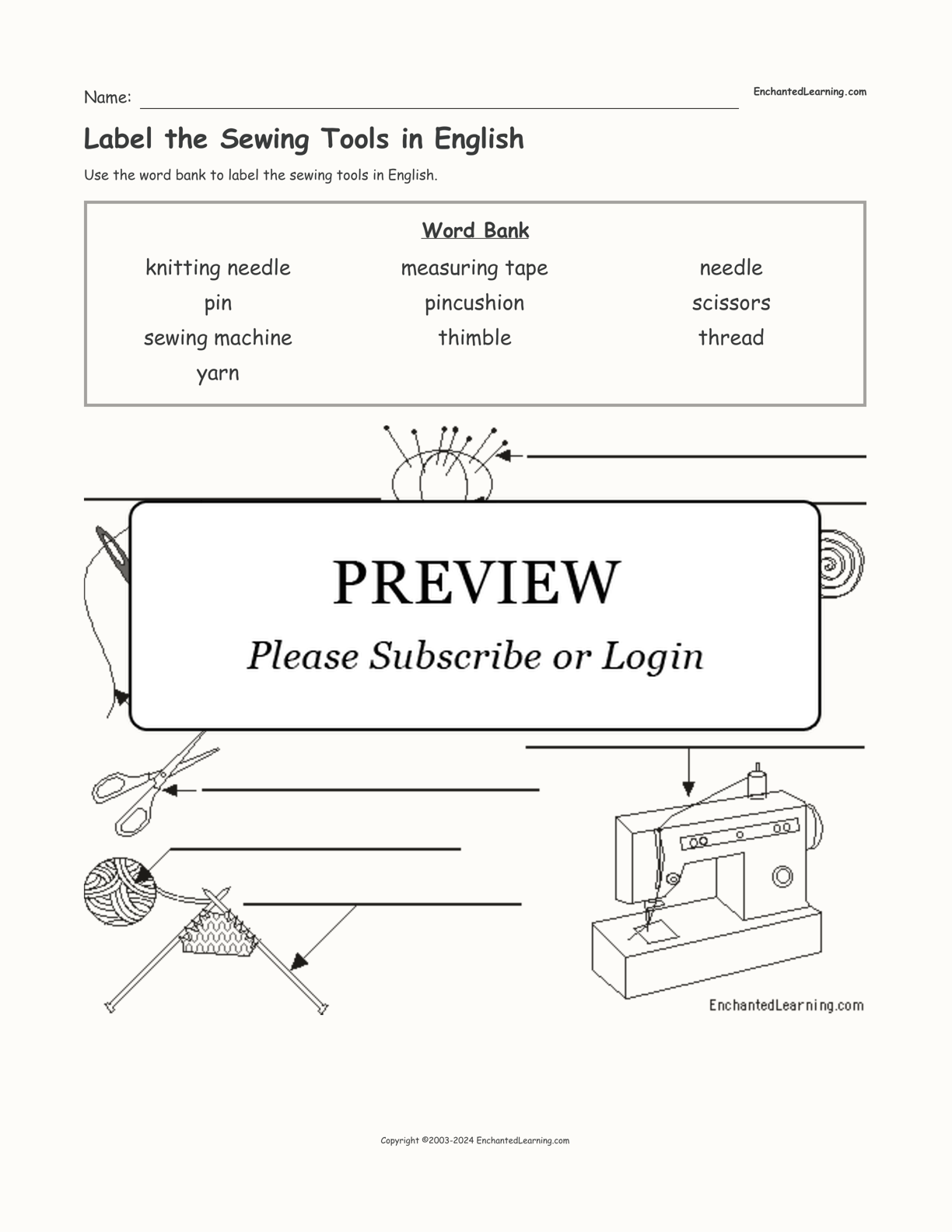 Label the Sewing Tools in English interactive worksheet page 1