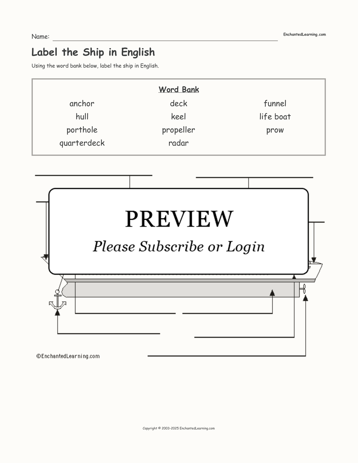 Label the Ship in English interactive worksheet page 1