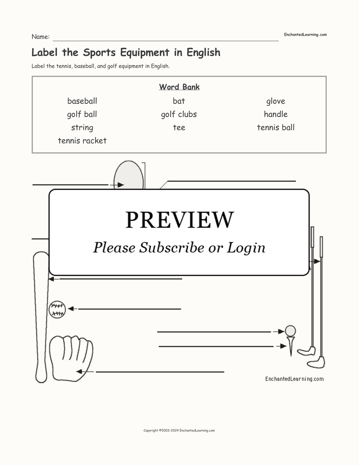 Label the Sports Equipment in English interactive worksheet page 1