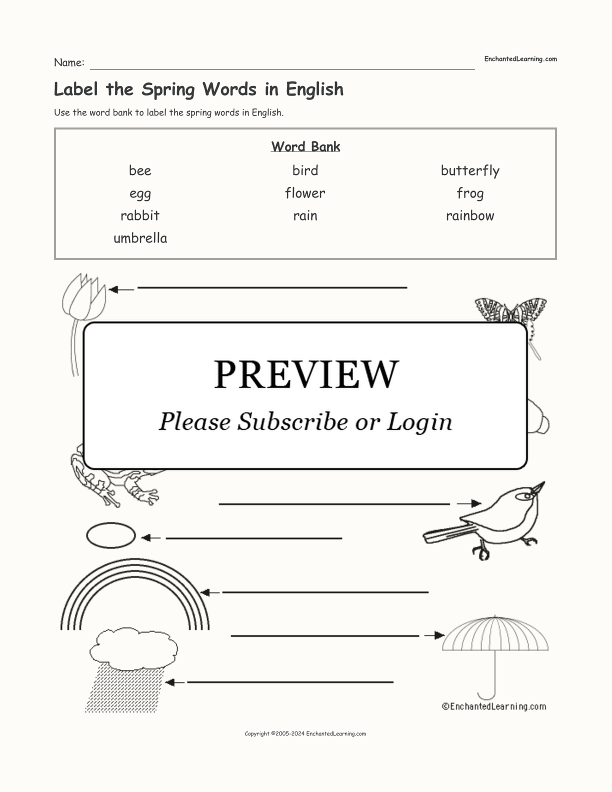 Label the Spring Words in English interactive worksheet page 1