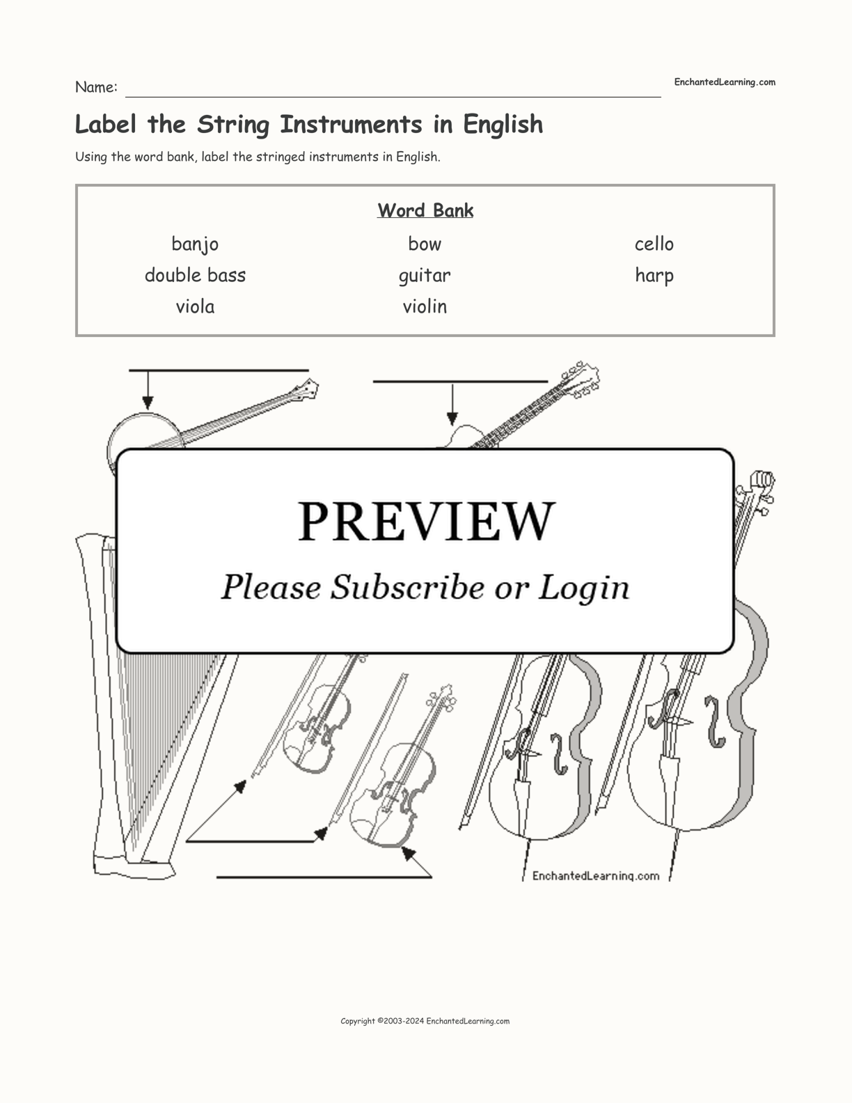 Label the String Instruments in English interactive worksheet page 1